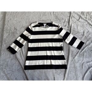 Chicos Black White Stripe Boat‎ Neck 3/4 Sleeve Top Gold Zipper Detail Size 0